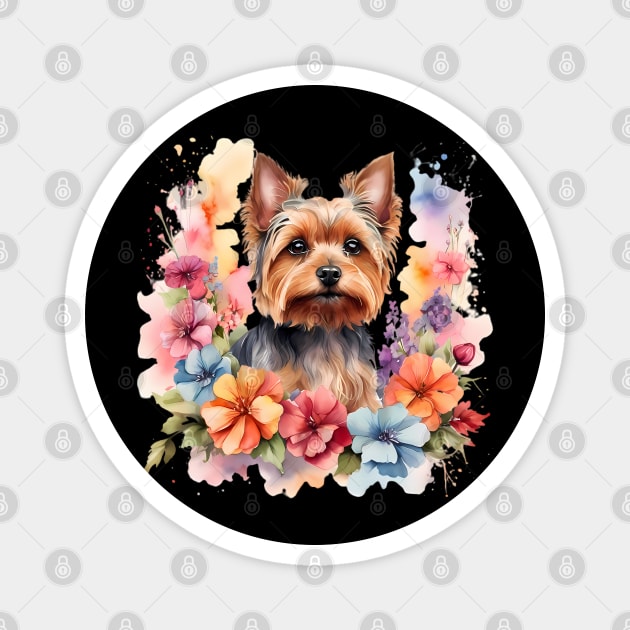 A yorkshire terrier decorated with beautiful watercolor flowers Magnet by CreativeSparkzz